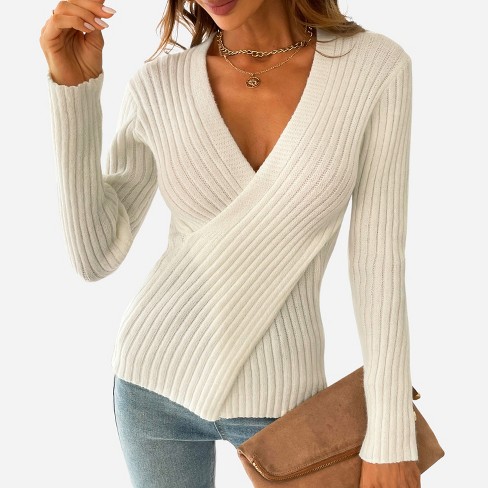 Women's Ribbed Surplice Wrap Sweater - Cupshe-m-white : Target