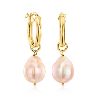 Ross-Simons Italian 18kt Gold Over Sterling Hoop Earrings With Removable 10-11mm Peach Cultured Baroque Pearl Drops