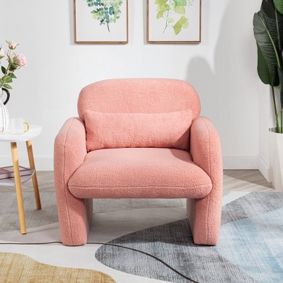 Dolonm 27.95 in. Minimalist Teddy Fleece Armchair with Pillow and Arms- Cozy Accent Chair for Living Room, Bedroom & Study