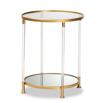 Aubrie Metal and Mirrored Glass Round Accent End Table with Acrylic Legs Gold - Baxton Studio