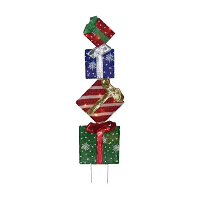 Season's Designs 3 ft Multicolored Stack of Christmas Gift Boxes with Bows Outdoor Lawn Decoration, Polyester, Requires 3 AA Batteries (Not Included),