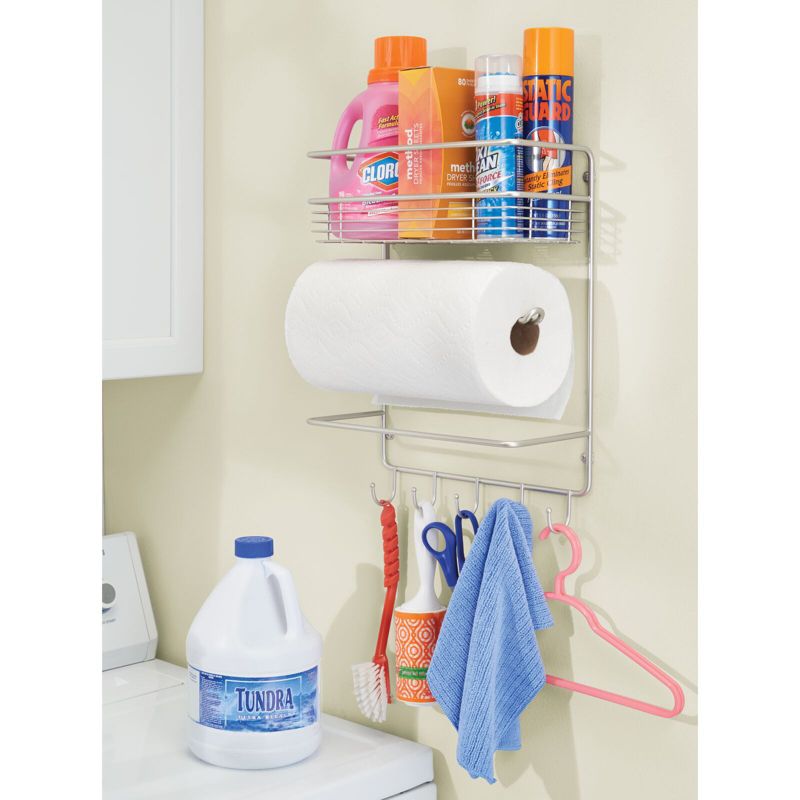 mDesign Metal Wall Mount Paper Towel Holder with Storage Shelf & Hooks, 4 of 9