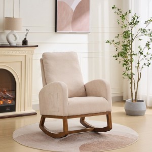 27.2"Rocking Chair w/Rubber Wood Legs, Polyester Glider Chair w/High Back and Side Pocket for Living Room Bedroom Nursery,Beige - 1 of 4