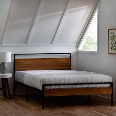Twin Brown Wood and Metal Platform Bed with Headboard