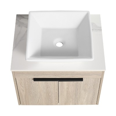 Vynxaria 36 in. Single Elevated White Oak Plywood Bath Vanity with White Flat Stone Counter KD-PACKING Ready to Assemble