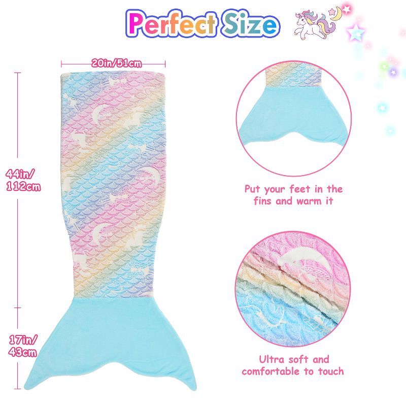 Catalonia Kids Mermaid Tail Blanket, Super Soft Plush Flannel Sleeping Blanket for Girls, Rainbow Ombre, Fish Scale Pattern, Gift Idea, 4 of 9