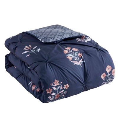 Navy Microfiber King Bedspread Set with Floral Embellishments
