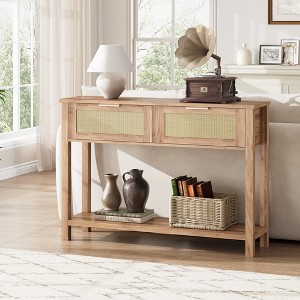 43 Inch Farmhouse Rattan Console Tables for Entryway, Narrow Wood Couch Table Behind Sofa, Boho Console Sofa Table, for Living Room - 1 of 4