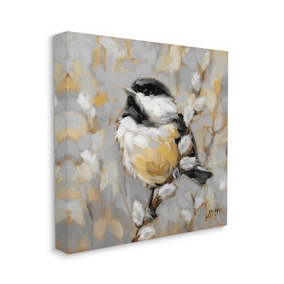 Bird Perched on Pussy Willow Gray and Yellow Canvas Art