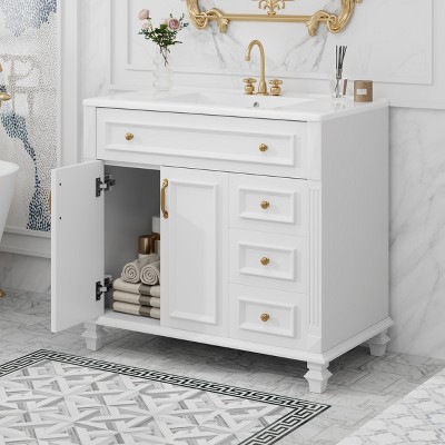 36" Bathroom Vanity with Ceramic Sink, Flip-Out Drawer & 3 Drawers, Soft-Close Doors Storage Cabinet with Elegant Gold Handle - ModernLuxe