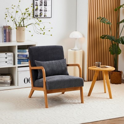 Mid Century Modern Accent Chair,Fabric Upholstered Armrests Chair With Pillow And Wooden Frame For Living Room Bedroom-Coolbibila