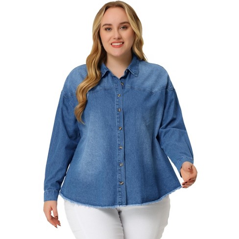 Agnes Orinda Women's Plus Size Regular Fit Button Down Long Sleeve Denim  Shirts Blue 2x : Target