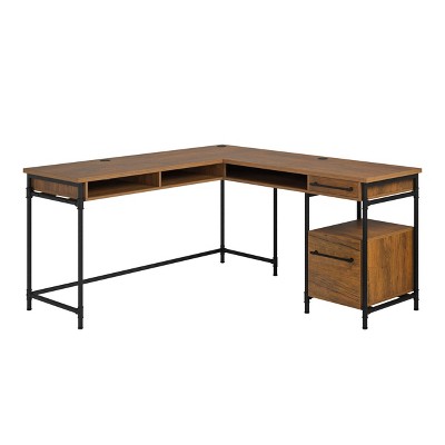 Sauder Iron City L Shaped Computer Desk Checked Oak: Industrial Style with Metal Frame &#38; Hutch Storage