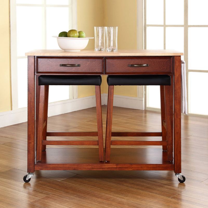 Wood Top Kitchen Prep Cart with 2 Upholstered Saddle Stools - Crosley, 5 of 12