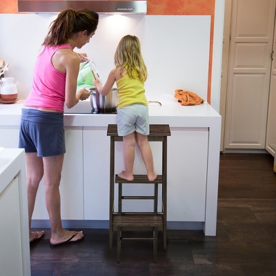 Brown Rubber Wood Foldable 3-Tier Step Stool and Storage Shelf