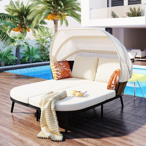 55"H Patio Daybed with Retractable Canopy, Outdoor Rattan PE Wicker Back Loveseat Sofa with Throw Pillows and Cushions, 4L -ModernLuxe - image 1 of 4