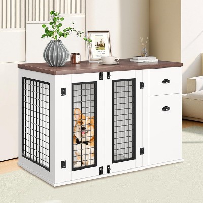 44'' Dog Crate Furniture with Drawer & Cabinet, Heavy Duty Dog Kennel Furniture, Wooden Indoor Pet Cage Side End Table for Small to Medium Pets