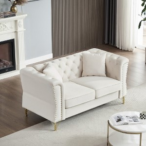 60.2'' Velvet Chesterfield Tufted 2-Seater Sofa with Nailhead Trim, Metal Foot and Two Pillows for Living Room - 1 of 4