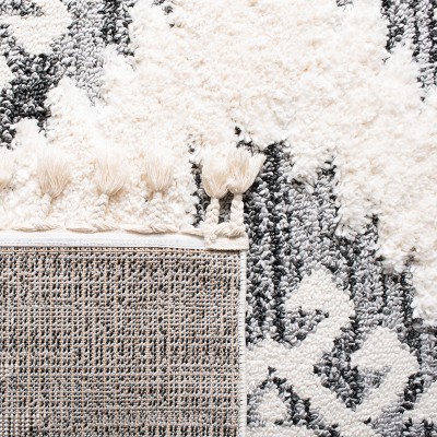 Ivory and Grey Diamond Pattern Shag Runner Rug with Tassels