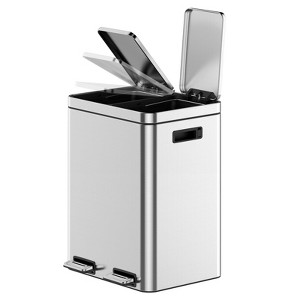 Dual Compartment Stainless Steel Trash Can with Soft-Close Lid - Hands-Free Foot Pedal Operated Kitchen Waste Bin - 1 of 4