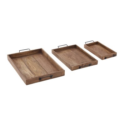 Set of 3 Farmhouse Slat Style Mango Wood and Iron Trays Brown - Olivia & May