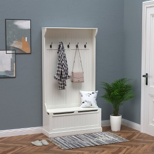 HDZNVF 3-In-1 Entryway Hall Tree with Storage Bench, Coat Rack with Four Hooks and Shoe Storage, White - 1 of 4