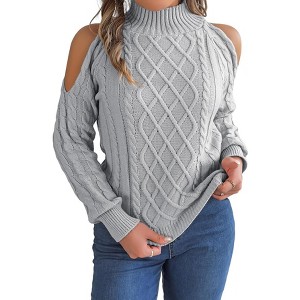 Clearlove Women's Off The Shoulder Sweater Cable Knit Long Sleeve Ribbed Fall Going Out Sweater Pullover - 1 of 4