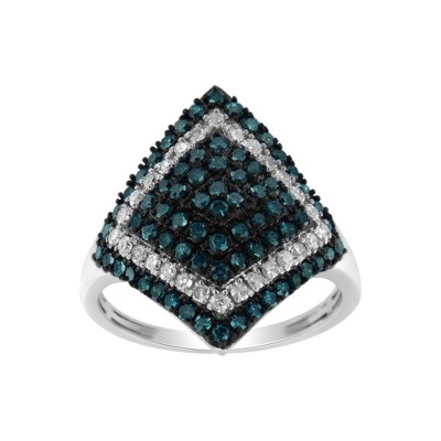 Silver 1 cttw White and Treated Blue Diamond Rhombus Cocktail Ring