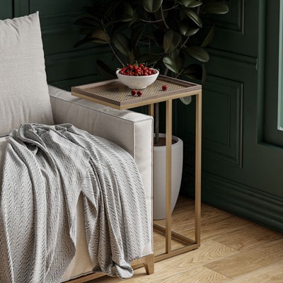 JIONJOY C-Shaped Sofa Table with Woven Metal Top - Farmhouse End Table for Living Room