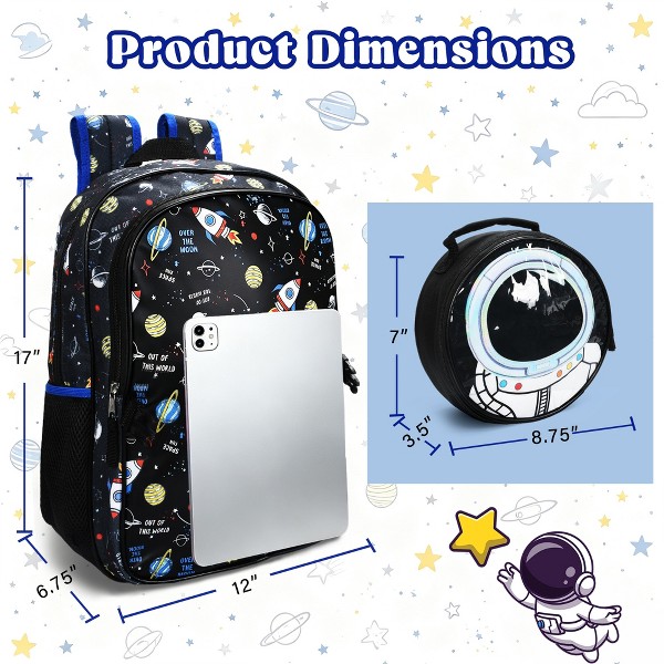 Mochila escolar Solaris Boy de 17" galaxia con lonchera aislada de astronauta, mochila 2 en 1 para niños 4