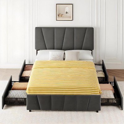 Upholstered Platform Bed Frame with Adjustable Headboard, 2 Built-In Storage Drawers & Wooden Slat Support, No Box Spring Required