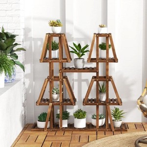 Angel Sar 5-Tier Wood Plant Stand, 10 Potted Plant Display Shelf, Carbonized Pine Wood Indoor Outdoor Plant Holder for Multiple Plants, 45 Inch Height - 1 of 4