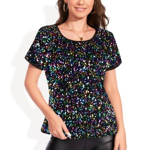 Anna-Kaci Women's Short Sleeve Crew Neck All-Over Sequin Embellished Top Stylish Sparkling Blouse - 1 of 4