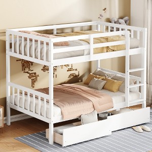 Twin Over Twin Bunk Bed with 2 Drawers, Convertible into 2 Twin Beds, Rubber Wood Bed Frame with Ladder and Safety Guardrails - ModernLuxe - 1 of 4