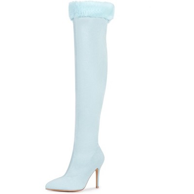 BLISSFUL STEP Women's Faux Fur High Heels Pointed Toe Fluffy Over the Knee High Boots