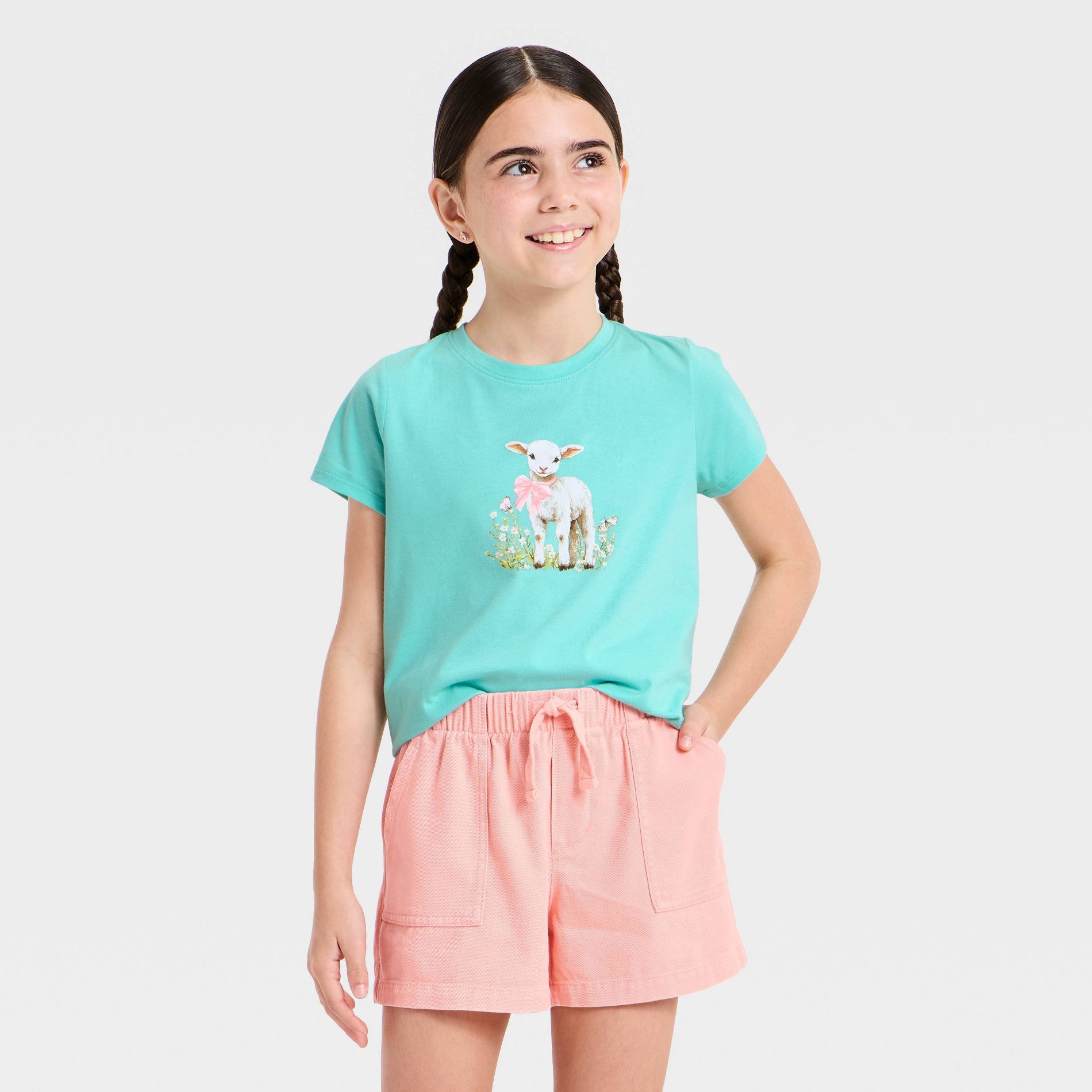 Girls' Short Sleeve 'Lamb' Graphic T-Shirt - Cat & Jack™ Aqua Green