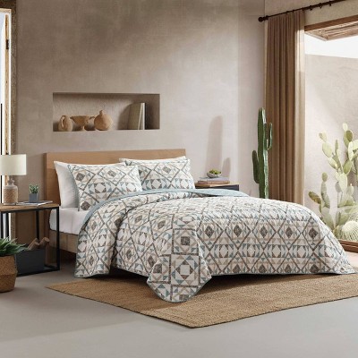 Annie Blue and Beige Cotton Twin Reversible Quilt Set
