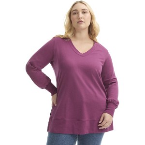 June + Vie by Roaman's Women's Plus Size V-Neck French Terry Sweatshirt - 1 of 4