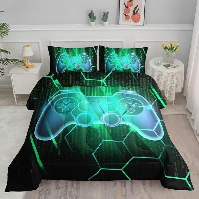 Game controller bedding set, boys' games, geometric hexagon pattern, suitable for teenagers, men, and adults, three-piece set, green and black