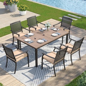 Captiva Designs 7pc Patio Wood-look Steel Dining Table with Umbrella Hole & Stackable Chairs with Bull's Eye Pattern - 1 of 4