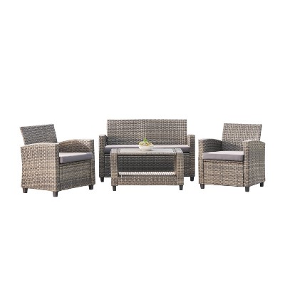 Gabrielle 4pc Resin Wicker Mixed Acacia Wood Patio Sofa Set with Cushions - Gray - Vifah