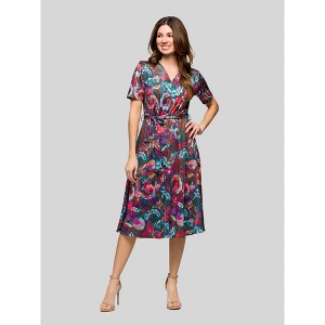 24seven Comfort Apparel Womens Brown and Pink Print Short Sleeve Tie Waist Midi Dress - 1 of 4