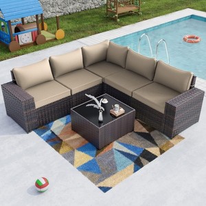 ALAULM Outdoor Patio Furniture Set Outdoor Sectional Rattan Sofa Set Brown Manual Wicker Patio Conversation Set with Cushions - 1 of 4