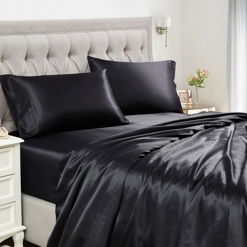 Sheets Queen Size Soft Silk Feel Bedding Luxury Bed Linen Black 4