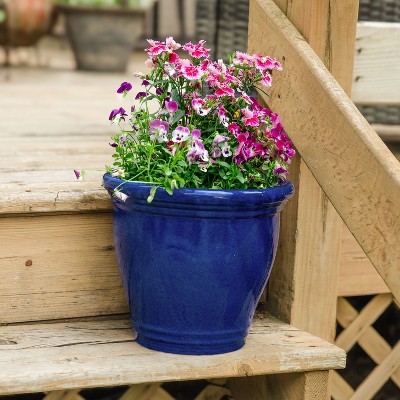 Imperial Blue Medium Ceramic Indoor/Outdoor Planter Set with Drainage Holes