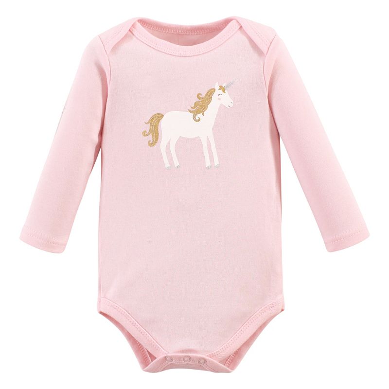 Hudson Baby Infant Girl Cotton Long-Sleeve Bodysuits, Gold Unicorn, 3 of 6