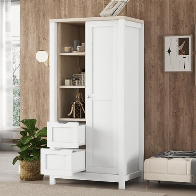 Bedroom Storage Wardrobe/Armoire with Sliding Door, Hanging Rods, 2 Drawers and Open Shelves, White - ModernLuxe