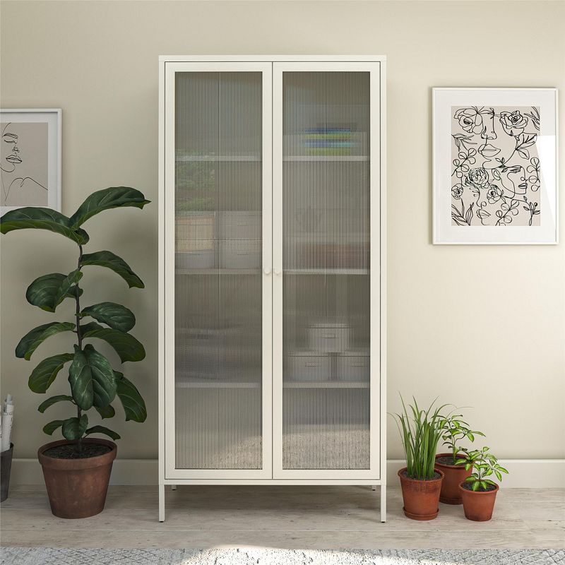 RealRooms Shadwick 2 Door Tall Metal Locker Style Storage Cabinet-Fluted Glass Doors, 2 of 5