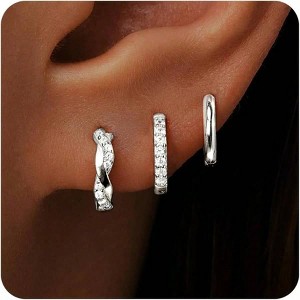 Gold Huggie Hoop Earrings Set for Women, Dainty Sterling Silver Stacks, Hypoallergenic, 3 Pairs - 1 of 4