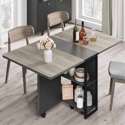 Folding Dining Table, Drop Leaf Dining Table with 6 Wheels and 2-Layer Storage Shelf, Space Saving Dining Table for Small Spaces